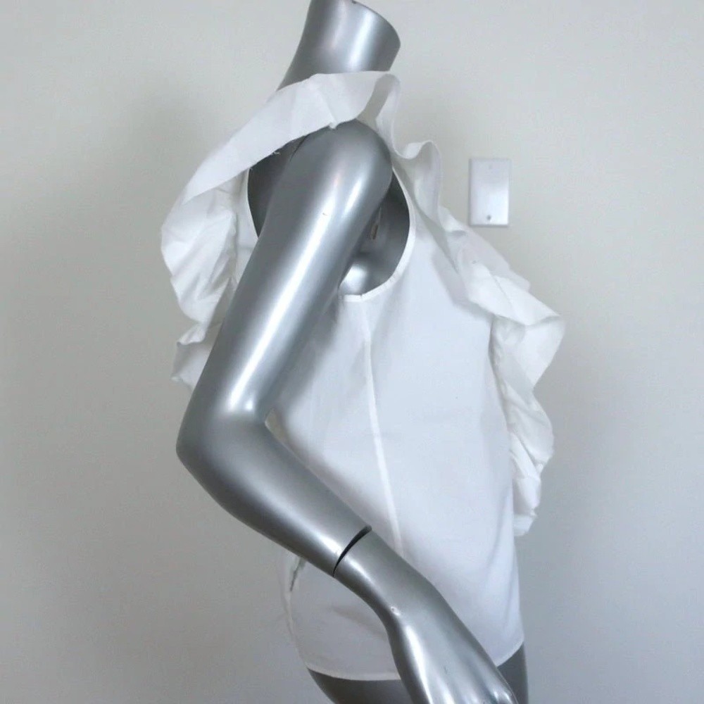 Current/Elliott Ruffled Top White Cotton Poplin Size 2 Sleeveless Blouse - Picture 4 of 7